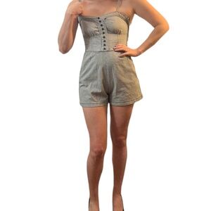 Y2K Vintage Summer Pinstriped Romper, Sleeveless, Short Shorts, Medium